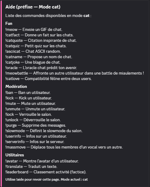 Liste des commandes du mode chat