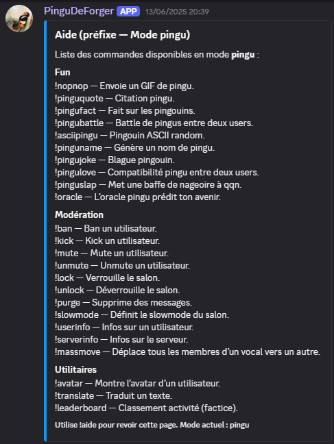 Liste des commandes du mode pingu