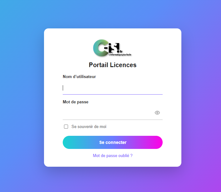 Capture de la page de connexion du portail licences
